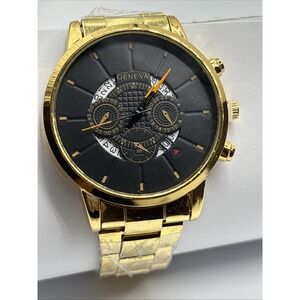 Fashion Geneva Calendar Men's Quartz‎ Watch- Stainless Steel Gold Band-NEW